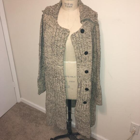 Guinevere Beige & Gray Wool & Cashmere Long Button Front Sweater L - Picture 5 of 10